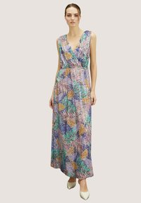 Maxi-jurk met een diepe V-hals, met een meerkleurig sequinpatter in groen, paars en goud, met een getailleerde taille en een vloeiende rok.