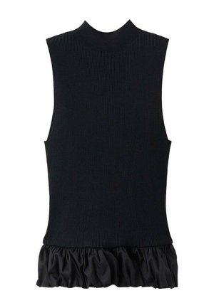 Čierny top bez rukávov s rebrovaným úpletom v hornej časti a volánovým spodným okrajom z tkaniny, vytvárajúcim kontrast textúr a vrstvený vzhľad.