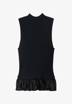 Čierny top bez rukávov s rebrovaným úpletom v hornej časti a volánovým spodným okrajom z tkaniny, vytvárajúcim kontrast textúr a vrstvený vzhľad.