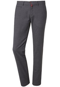 Pantaloni grigi a fantasia con taglio dritto, dotati di chiusura con bottone e una piccola linguetta rossa sull'elastico. Realizzati in tessuto testurizzato.