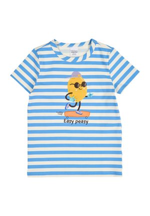 Chemise à manches courtes rayée bleu et blanc avec un citron en skate portant des lunettes de soleil et une casquette, légendée "Easy peasy."