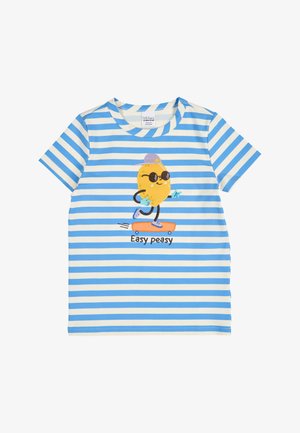 Chemise à manches courtes rayée bleu et blanc avec un citron en skate portant des lunettes de soleil et une casquette, légendée "Easy peasy."