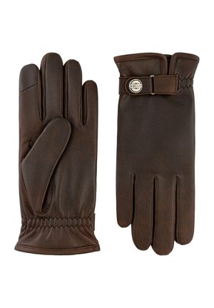 Paar dunkelbraune Lederhandschuhe, einer zeigt die Handfläche mit elastischem Handgelenk, der andere die Rückseite mit verstellbarem Riemen und Metallknopf.