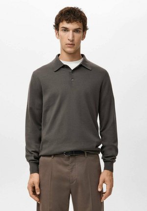 Polo de manga larga gris oscuro con cuello y tres botones al frente, combinado con pantalones marrón claro. Textura lisa, diseño minimalista.