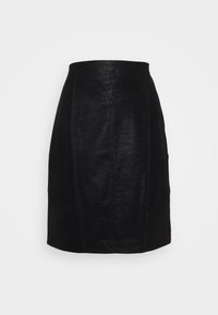 Musta nahkahame, jossa on napakka siluetti, tekstuuripinta, rakenteelliset saumat ja suora helma.