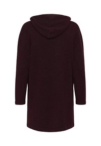 Długa bordowa bluza z kapturem wykonana z miękkiego, teksturowanego materiału, z zaokrąglonym kapturem i długimi rękawami, o prostym kroju bez widocznych zapięć.