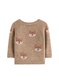 Maglione in lana color beige con scollo rotondo e maniche a tre quarti, decorato con motivi a forma di volto di volpe in tonalità di arancione e bianco.