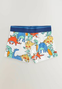 Børnevenlige boxershorts med hvid bundfarve og farverige dinosaurmønstre i grøn, orange, blå og gul; marineblå elastisk talje.