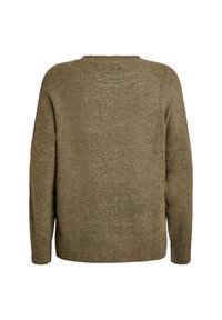 Olivovo zelený pletený sveter, dlhé rukávy, okrúhly výstrih, rebrovaný lem, mäkká textúra, minimalistický dizajn, zobrazený zozadu.