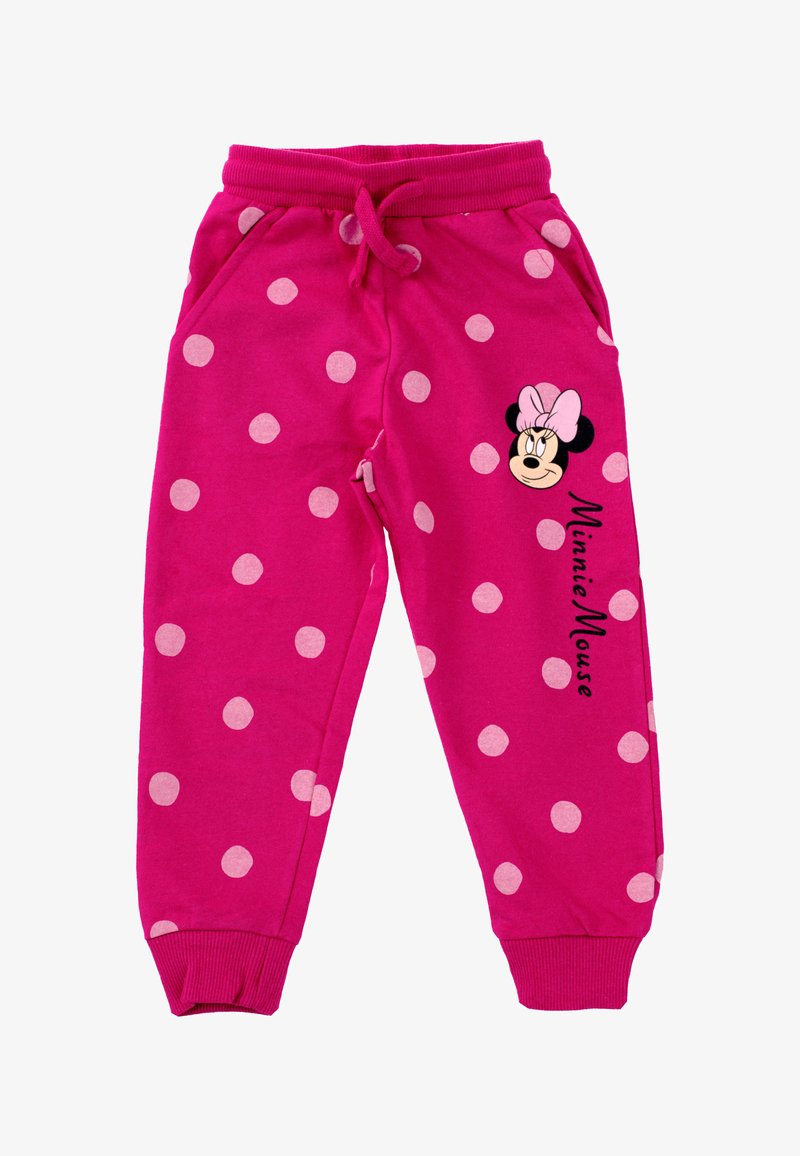 Pantalon de survêtement rose à pois avec taille à cordon, poches latérales, et un motif Minnie Mouse avec texte sur la jambe gauche.
