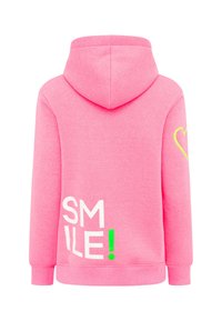 Rosa Hoodie aus Baumwolle mit einer weichen Textur. Verfügt über einen großen weißen Schriftzug "SMILE!" und ein kleines grünes Ausrufezeichen. Herzdetail am Ärmel.