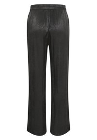 Pantalons en serpentin noir avec une taille élastique, jambes larges et une texture lisse, présentant un léger éclat à la surface.