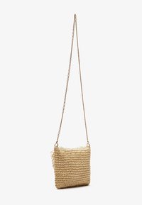 Borsa a tracolla in paglia intrecciata con cinturino a catena dorata, forma rettangolare, colore beige chiaro, superficie testurizzata e dettagli sottili con frange.