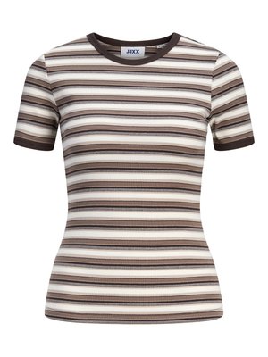 Vormis kitsaste lühikeste varrukatega soonikkoes top, millel on horisontaalsed triibud pruunis, beežis, kreemis ja mustas ning tumepruun kaelus ja varrukate servad.