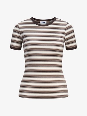 Vormis kitsaste lühikeste varrukatega soonikkoes top, millel on horisontaalsed triibud pruunis, beežis, kreemis ja mustas ning tumepruun kaelus ja varrukate servad.