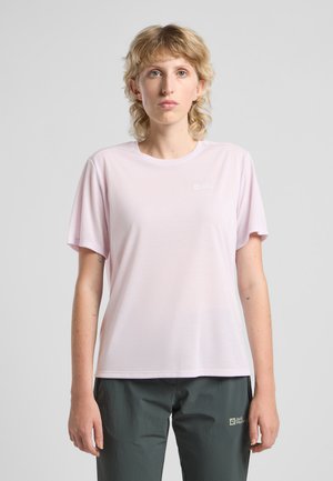 Maglietta a maniche corte rosa chiaro realizzata in tessuto morbido, con un logo discreto sulla parte sinistra del petto e una vestibilità rilassata.