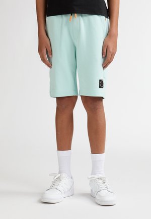 Pantaloni scurți din jerseu turcoaz deschis, cu talie elastică, șnur ajustabil portocaliu și o inscripție neagră ca logo. Purtate cu șosete albe și adidași.