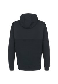 Sudadera negra con capucha, bolsillo tipo canguro, puños acanalados y textura de tela contrastante en la parte superior. Diseño sencillo y casual.