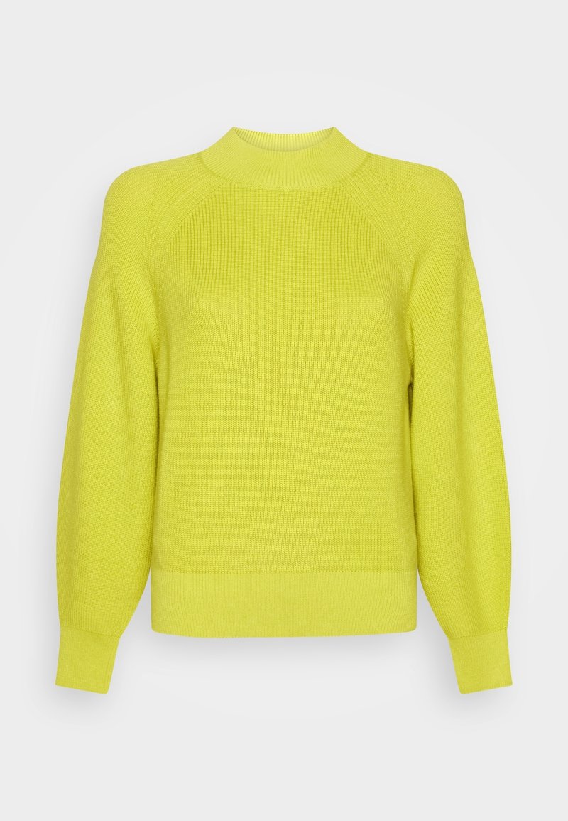 Geel gebreide trui met een hoge hals, geribbelde textuur en ballonmouwen. Beschikt over een effen ontwerp en een aansluitende zoom.