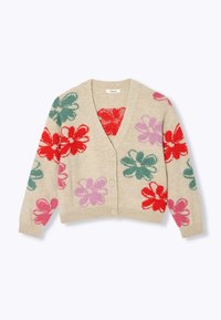 Cardigan en tricot beige avec un motif floral comportant des fleurs rouges, roses, lilas et vertes. Col en V, manches longues et fermeture à boutons.