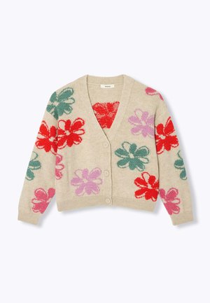 Cardigan en tricot beige avec un motif floral comportant des fleurs rouges, roses, lilas et vertes. Col en V, manches longues et fermeture à boutons.