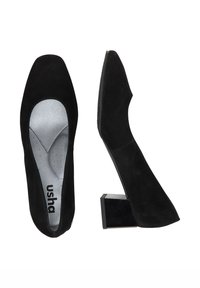 Scarpe da donna in suede nero con punta quadrata, tacco a blocco e soletta imbottita argentata marchiata "usha", mostrate da angolazioni superiori e laterali.