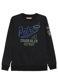 Black sweatshirt with long sleeves, featuring colorful text and logos. Soft texture, ribbed cuffs and hem, casual design.