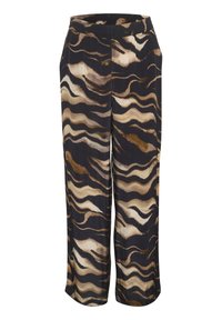 Välja pants med svarta, beige och bruna abstrakta vågiga ränder och ett elastiskt midjeband.