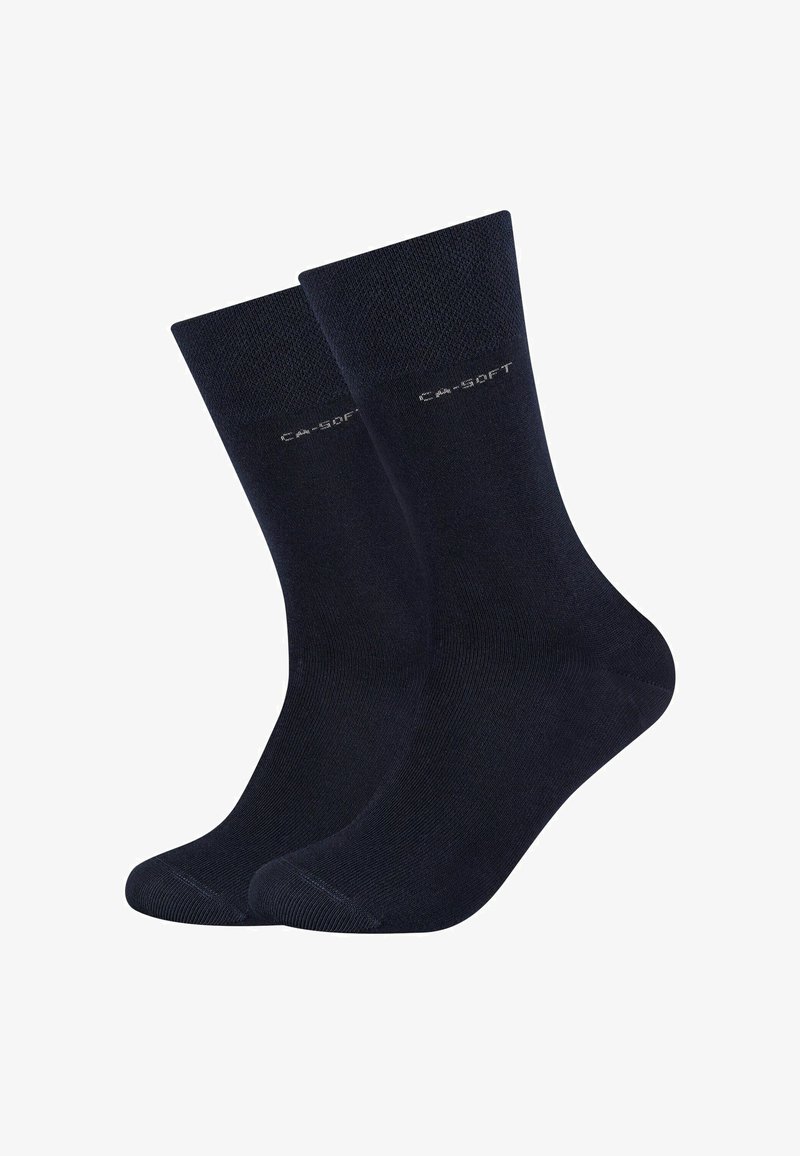 Calze in cotone blu navy con una texture liscia, bordo a costine e un logo discreto sulla caviglia. Lunghezza classica e forma aderente.