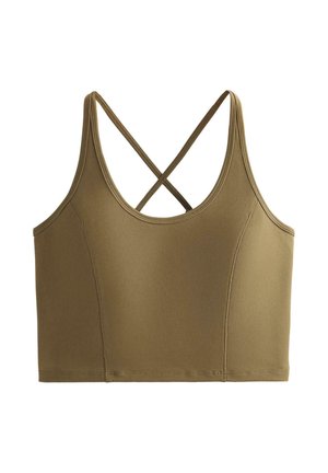 Olivovo zelený krátky tielkový top s tenkými kríženými ramienkami a švami na prednej strane a po bokoch.