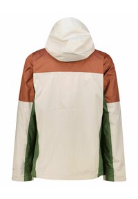 Kurtka typu windbreaker z kapturem, wykonana z lekkiego materiału. Projekt z blokami kolorów w brązowym, kremowym i zielonym. Gładka faktura.
