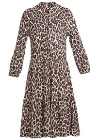 Leopardprint-Kleid mit langen Ärmeln, Knopfleiste und gestuftem Rock. Aus leichtem Stoff in Beige-, Braun- und Schwarztönen.