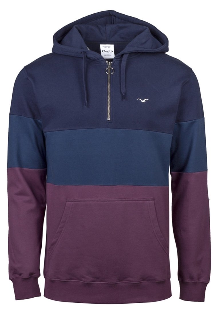 Sudadera con capucha en color marino y burdeos, con diseño de media cremallera, bloques de color contrastantes y un bolsillo canguro en la parte frontal. Material: mezcla de algodón.