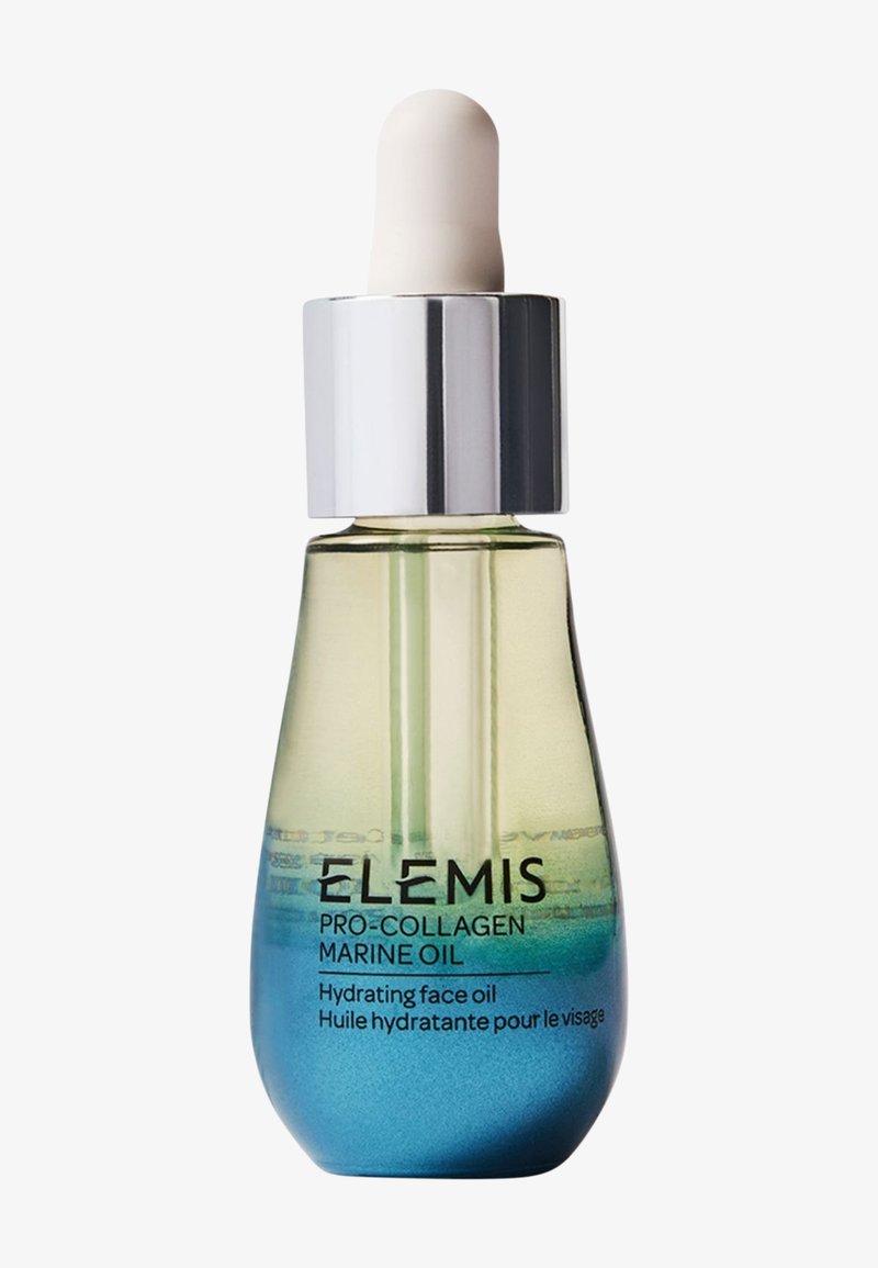 Glas dropperflaske med Elemis Pro-Collagen Marine Oil fugtgivende ansigtsolie med sølvhætte og blågrøn gradient væske.