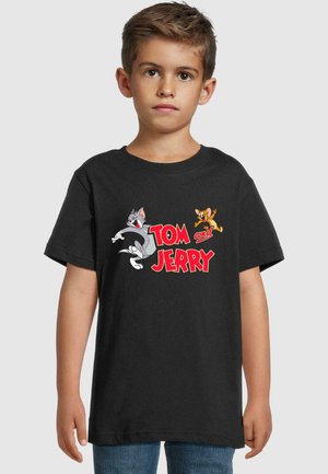 Schwarzes Baumwoll-T-Shirt mit einem roten und weißen "Tom und Jerry"-Grafikdruck, mit den Cartoon-Charakteren Tom der Katze und Jerry der Maus.