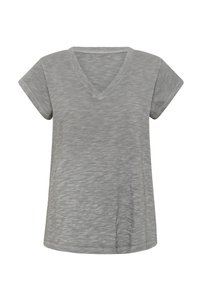 Grijze T-shirt met korte mouwen en V-hals, lichtgewicht stof met een gemêleerd textuur, iets losse pasvorm en afgewerkte naden.