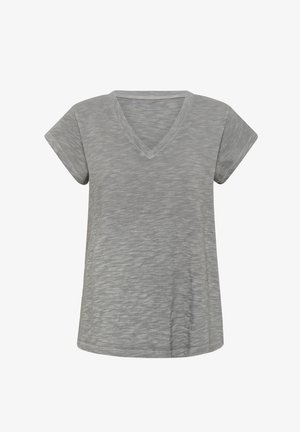 Gray short-sleeve V-neck t-shirt, lightweight fabric with a heathered texture, slightly loose fit, and finished seams.