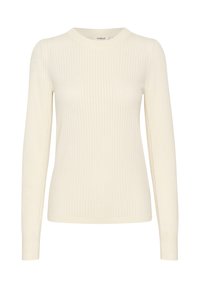 Cream ribbed long-sleeve sweater with a round neckline. The fabric has a textured pattern, and the fit is slim with fitted sleeves.