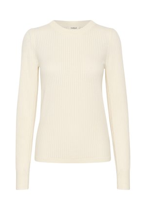 Creme ribbet langærmet sweater med rund halsudskæring. Stoffet har et struktureret mønster, og pasformen er slim med tætsiddende ærmer.