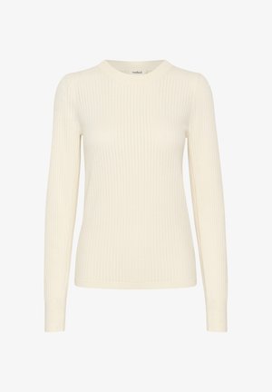 Krēmkrāsas ribota garām piedurknēm džemperis ar apaļu izgriezumu. Audums ir teksturēts, un piegriezums ir šaurs ar pieguļošām piedurknēm.