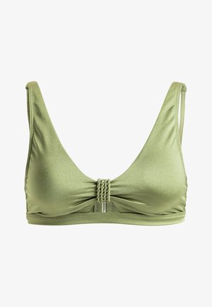 Top de bikini verde com uma textura suave e brilhante, apresentando um decote em V profundo, detalhe central em nó e alças ajustáveis.