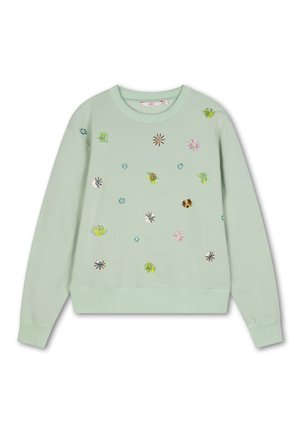 Mintgroene sweatshirt met bloemenborduurwerk in roze, blauw en goud. Heeft een ronde halslijn en ribgebreide manchetten en zoom.