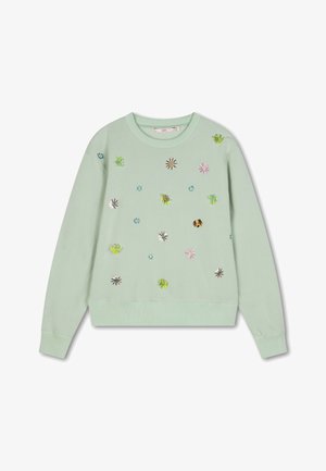 Mintgroene sweatshirt met bloemenborduurwerk in roze, blauw en goud. Heeft een ronde halslijn en ribgebreide manchetten en zoom.