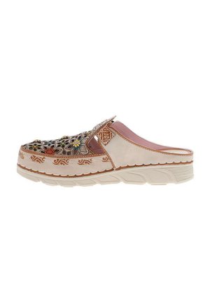 Chaussure slip-on avec semelle beige, motifs floraux et géométriques multicolores complexes sur le dessus et détails cousus marron.