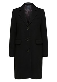 Schwarzer Wollmantel mit Reverskragen, einreihigem Design, drei vorderen Knöpfen und Seitentaschen. Glatte Textur mit gefüttertem Innenraum.