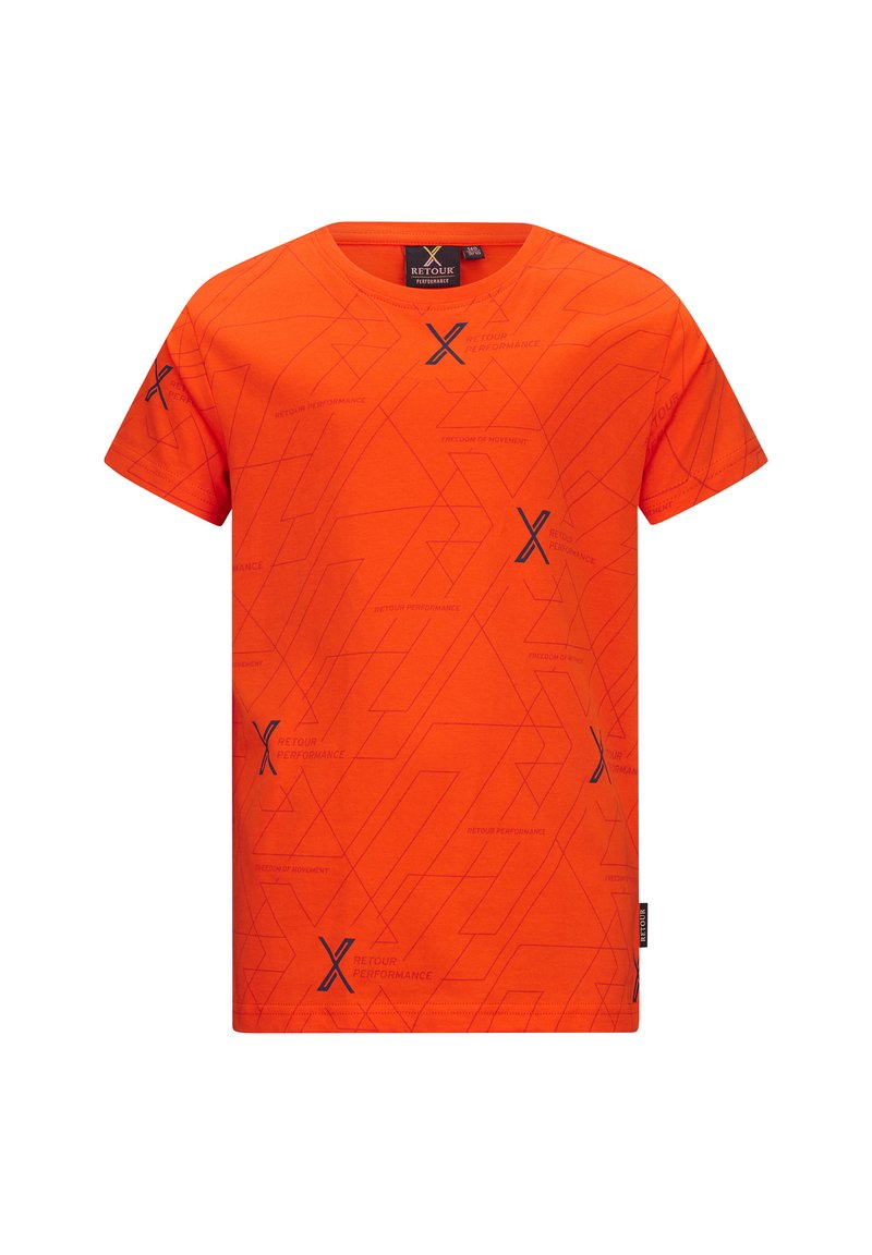 Oranje t-shirt met korte mouwen, voorzien van een geometrisch patroon in marineblauw, met de tekst "RETOUR PERFORMANCE" en een label aan de zijkant.