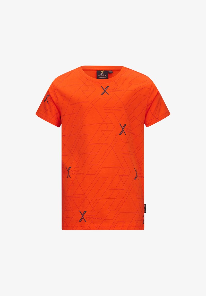 Oranges T-Shirt mit kurzen Ärmeln, das ein geometrisches Muster in Marineblau zeigt, mit dem Text "RETOUR PERFORMANCE" und einem Etikett an der Seite.