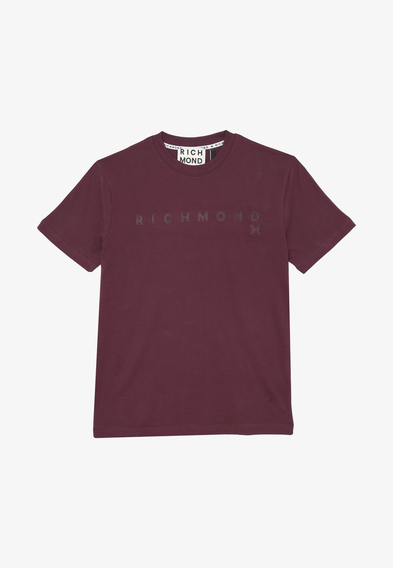 T-shirt bordeaux in cotone. Caratterizzato da maniche corte, colletto a giro e la scritta "RICHMOND" stampata in lettere grasse e nere sulla parte anteriore.