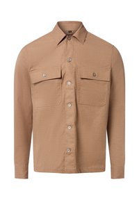 Camicia button-up marrone con maniche lunghe, due tasche sul petto e un tessuto testurizzato. Presenta un colletto classico e cinque bottoni sul davanti.