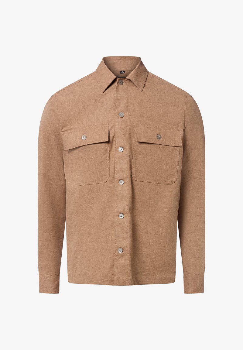 Camicia button-up marrone con maniche lunghe, due tasche sul petto e un tessuto testurizzato. Presenta un colletto classico e cinque bottoni sul davanti.